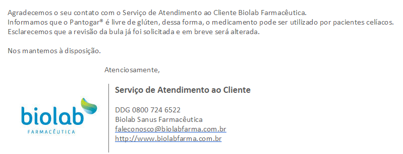 E-mail laboratório Biolab - Pantogar não contém glúten