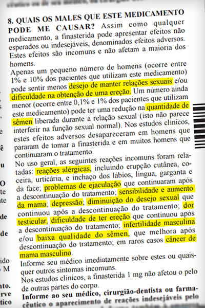 Efeitos colaterais na bula do remédio Finasterida 1mg