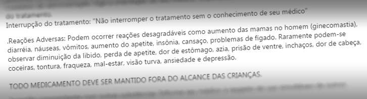 Trecho da bula da flutamida falando sobre seus efeitos colaterais